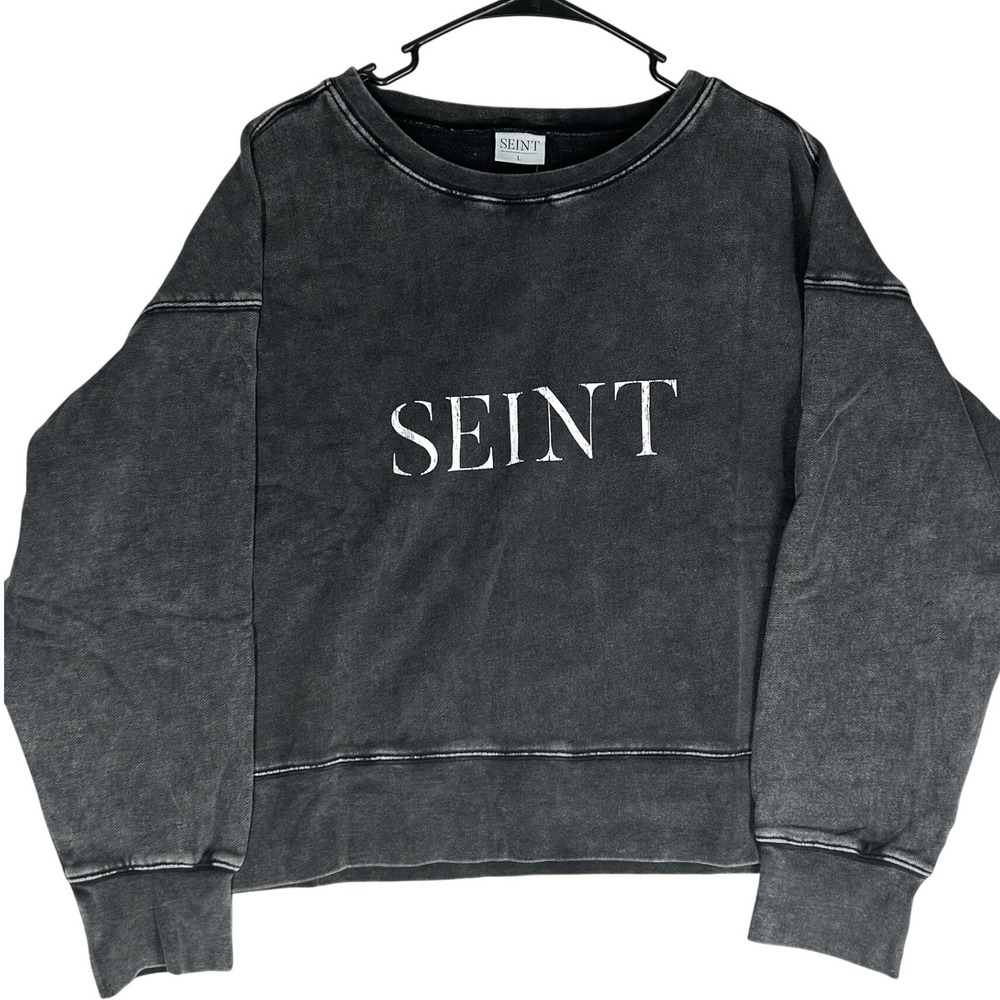 SEINT Acid Washed Oversized Cropped‎ Sweatshirt Black Women's Size Large NWT
